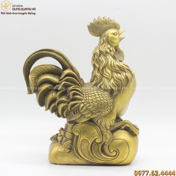 Tượng gà như ý bằng đồng vàng mộc 34cm - quà tặng phong thủy đẹp