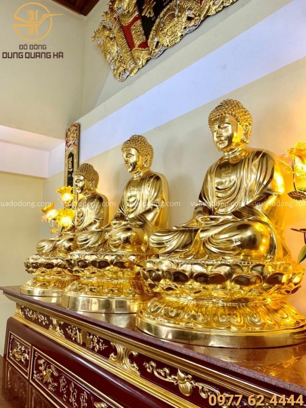Tượng Tam Thế Phật cao 1m08 bằng đồng đỏ Dát vàng 9999