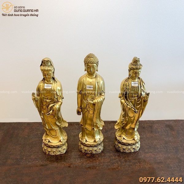 Bộ tượng Tam Thánh Phật bằng đồng vàng mộc đẹp tôn nghiêm