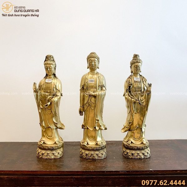 Bộ tượng Tam Thánh Phật bằng đồng vàng mộc đẹp tôn nghiêm