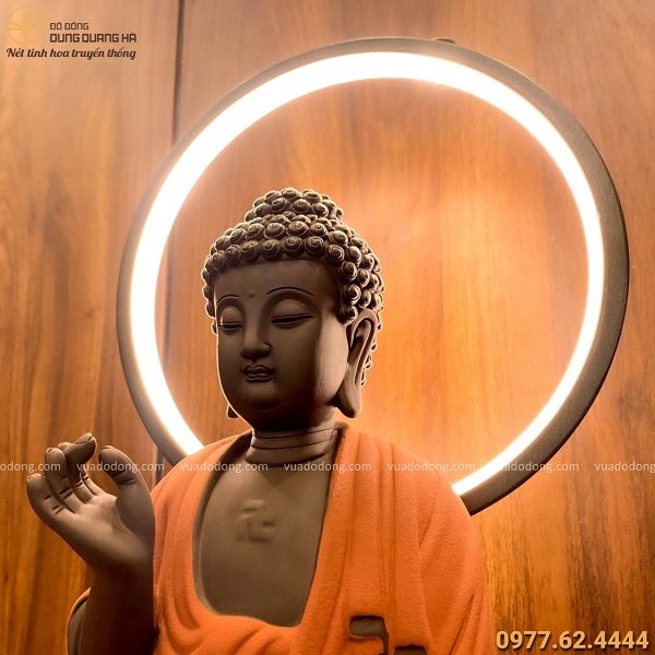 Tượng Phật Adida bằng gốm tử sa decor đốt trầm có đèn LED 45x35cm