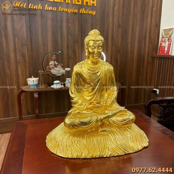 Tượng Phật Thích Ca ngồi rơm bằng đồng thếp vàng cao 30 cm