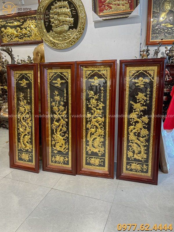 Bộ tranh Tứ Quý nền đồng dát vàng khung gỗ vuông 1m2 x 40cm