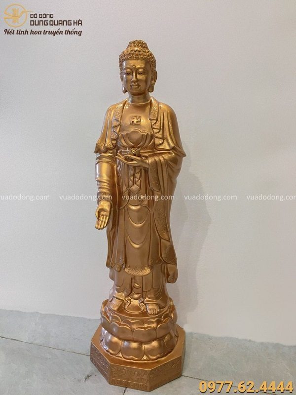 Tượng Phật A Di Đà đứng trên đài sen bằng đồng đỏ cao 62cm