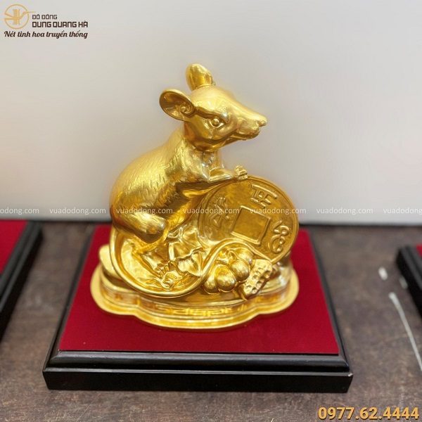 Tượng chuột tài lộc bằng đồng vàng catut thếp vàng cao 16cm