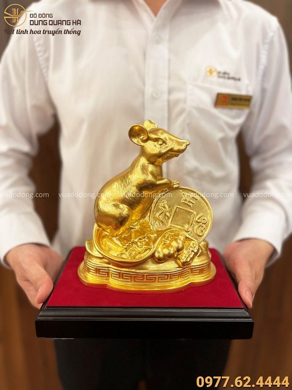 Tượng chuột tài lộc bằng đồng vàng catut thếp vàng cao 16cm