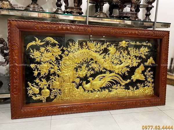 Tranh Vinh Hoa Phú Quý dát vàng 9999 khung gỗ gụ 1m7 x 90cm