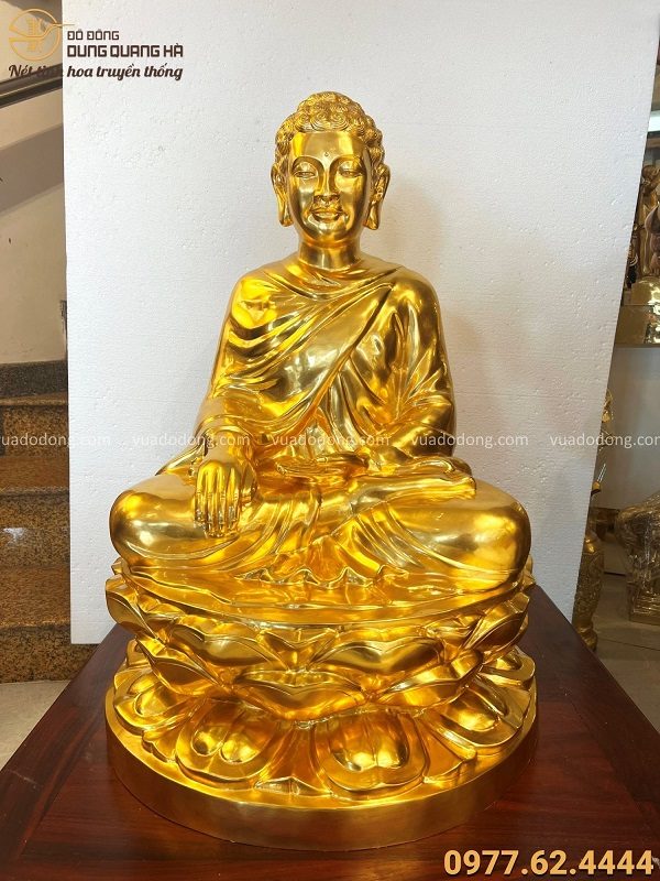 Tượng Phật Thích Ca đẹp tôn nghiêm bằng đồng đỏ dát vàng cao 81cm