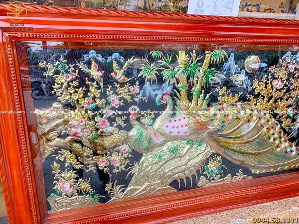 Tranh đồng Hoa Khai Phú Quý vẽ màu khung gỗ cao cấp