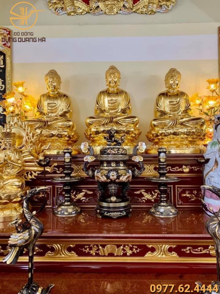 Tượng Tam Thế Phật cao 1m08 bằng đồng đỏ Dát vàng 9999 - 1 tượng nặng 180kg/1 pho tinh xảo