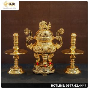 Bộ tam sự song long chầu nguyệt đồng vàng mạ vàng 24k cao 60cm