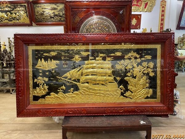 Bức tranh Thuận Buồm Xuôi Gió 2m3 thếp vàng khung gỗ hương