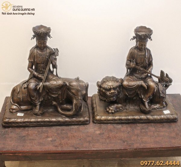 Bộ tượng Văn Thù và Phổ Hiền Bồ Tát 54x52cm đồng vàng hun nâu