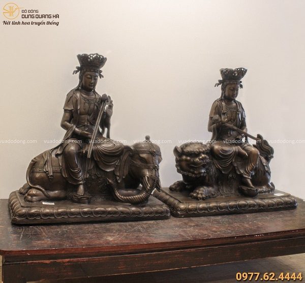 Bộ tượng Văn Thù và Phổ Hiền Bồ Tát 54x52cm đồng vàng hun nâu