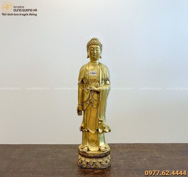 Tượng Phật Di Đà đẹp tôn nghiêm bằng đồng vàng 62x16cm