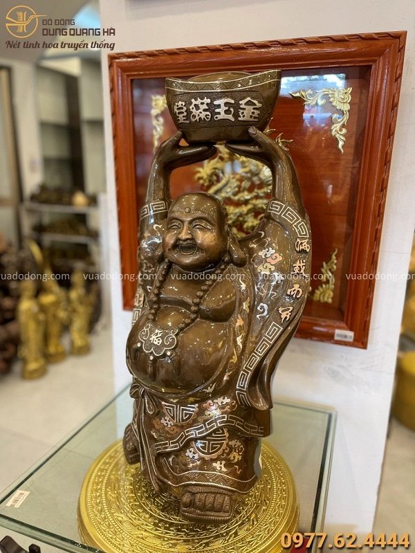 Tượng Phật Di Lặc phong thủy đồng đỏ khảm tam khí cao 70cm