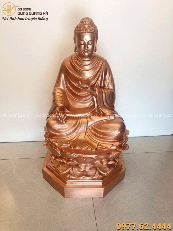 Tượng Phật Thích Ca đẹp tôn nghiêm bằng đồng đỏ mộc cao 66cm