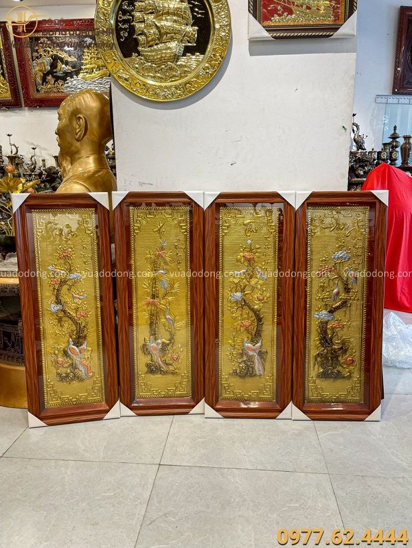 Tranh Tứ Quý đồng vàng làm màu giả cổ 1m x 40cm khung giả gỗ