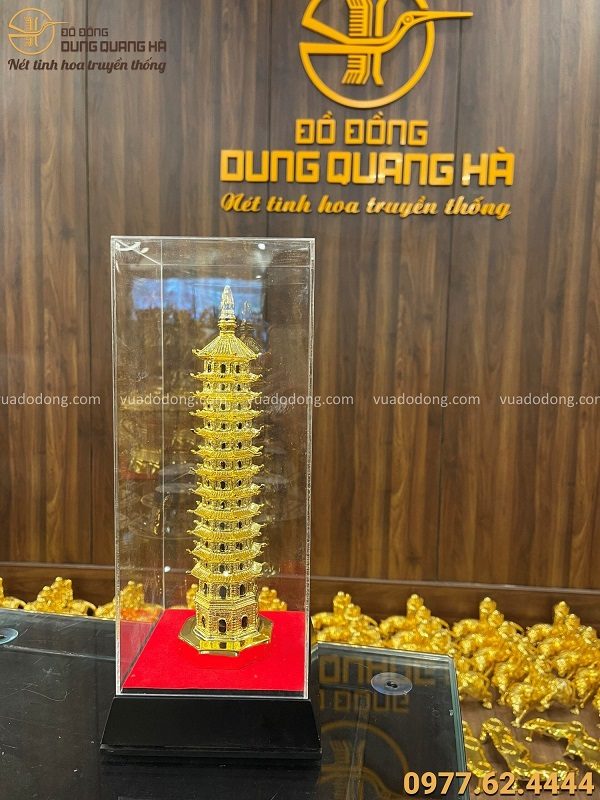 Tháp Văn Xương 9 tầng mạ vàng 24k hộp mika 32x13cm cao 30cm