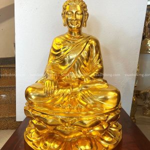 Tượng Phật Thích Ca đẹp tôn nghiêm bằng đồng đỏ dát vàng cao 81cm
