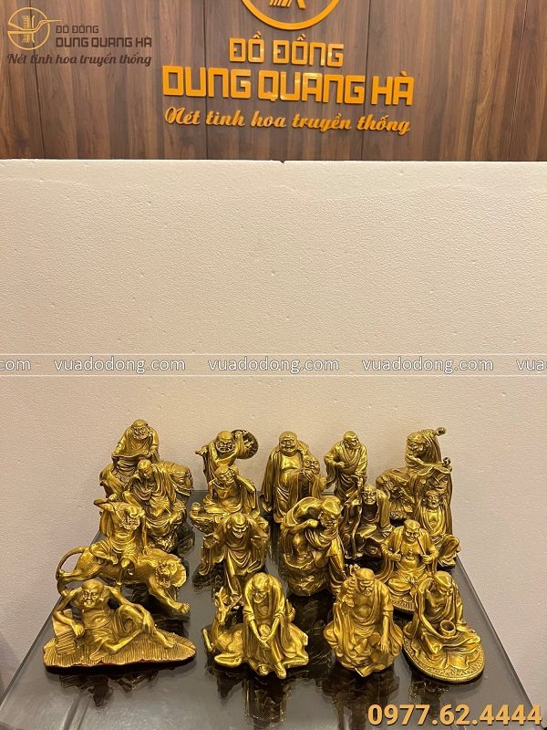 Bộ tượng thập bát La Hán bằng đồng vàng cao 15 cm