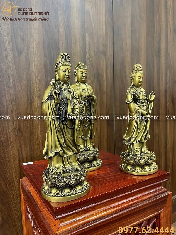 Bộ tượng Di Đà Tam Thánh đứng đài sen bằng đồng vàng cao 36cm