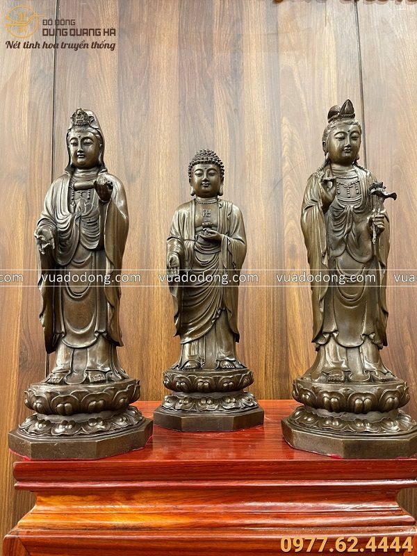 Bộ tượng Tam Thánh Phật đứng tiếp dẫn hun giả cổ cao 40cm