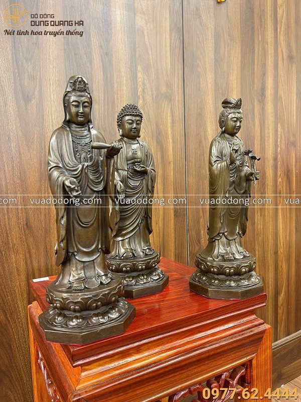 Bộ tượng Tam Thánh Phật đứng tiếp dẫn hun giả cổ cao 40cm