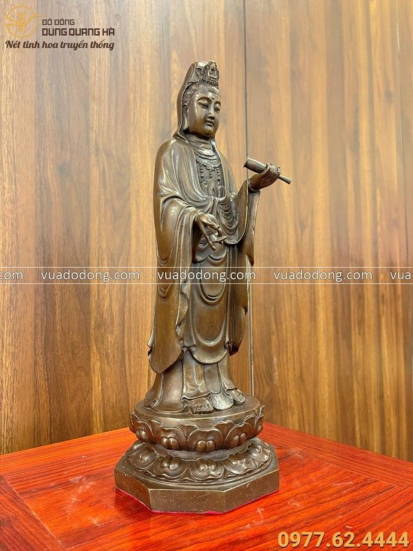 Tượng Phật Quan Âm bằng đồng đứng tòa sen 40x13x13cm nặng 3kg