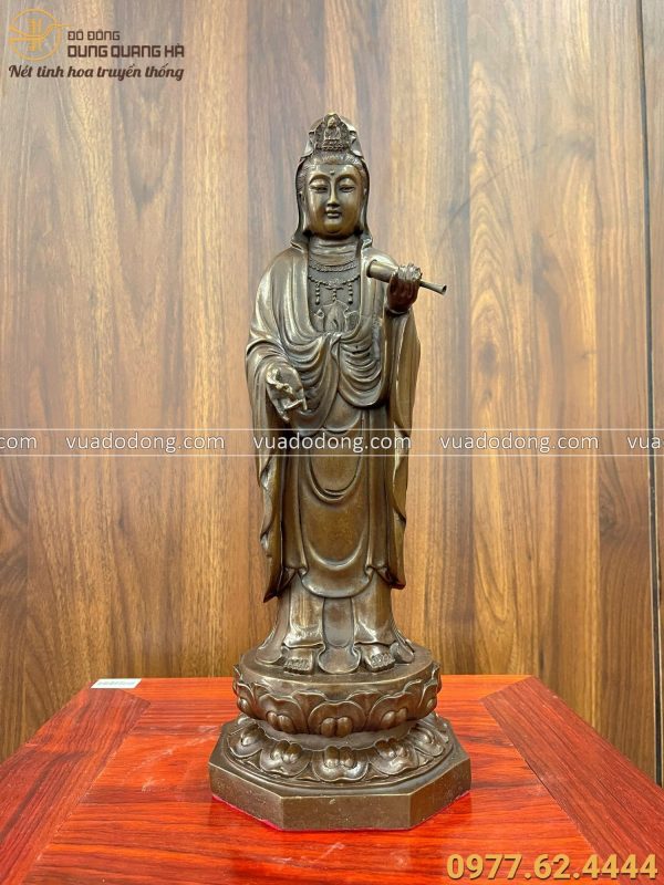 Tượng Phật Quan Âm bằng đồng đứng tòa sen 40x13x13cm nặng 3kg