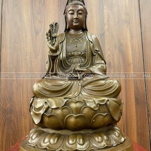 Tượng Phật Quan Âm ngự đài sen bằng đồng vàng hun 48x28x23cm nặng 10,5kg