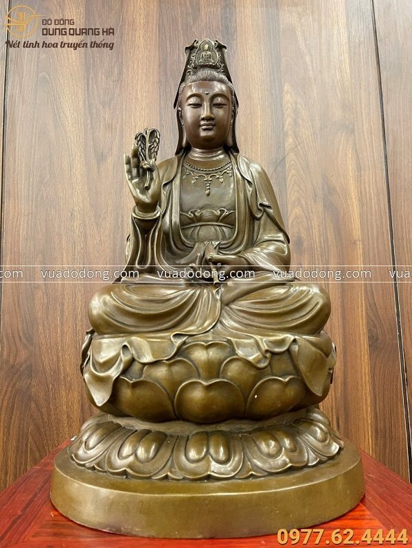 Tượng Phật Quan Âm ngự đài sen bằng đồng vàng hun 48x28x23cm nặng 10,5kg