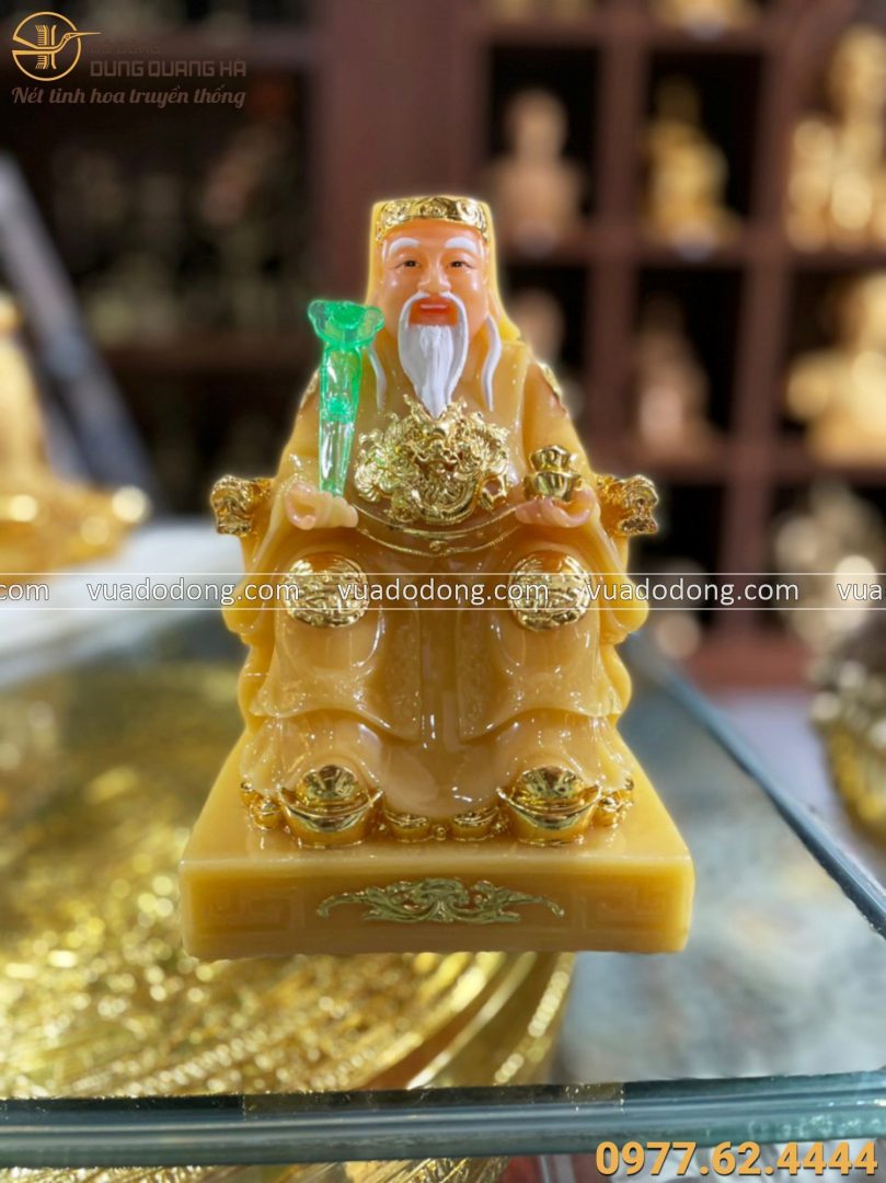 Tượng Thần Tài Thổ Địa ngồi ghế rồng bằng đá vàng cao 22 cm