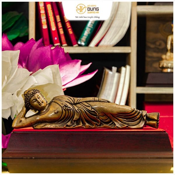 Tượng Đức Phật A Di Đà nằm bằng đồng vàng cao 8cm ngang 28cm