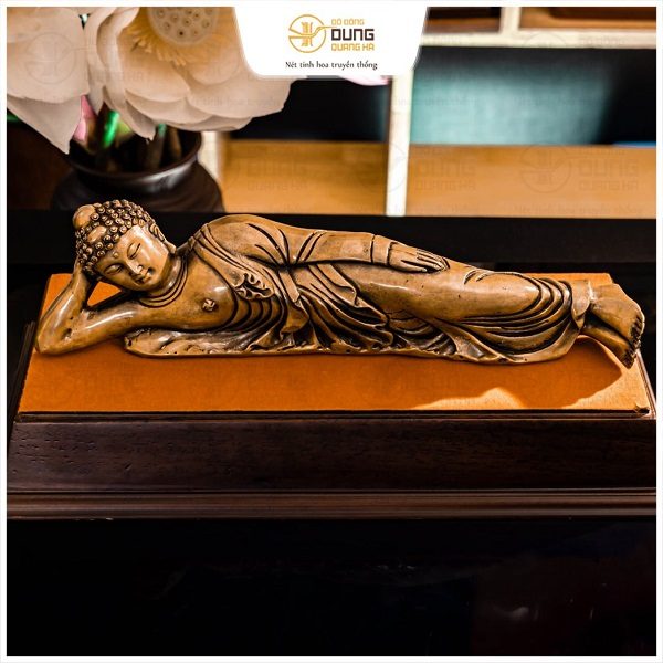 Tượng Đức Phật A Di Đà nằm bằng đồng vàng cao 8cm ngang 28cm