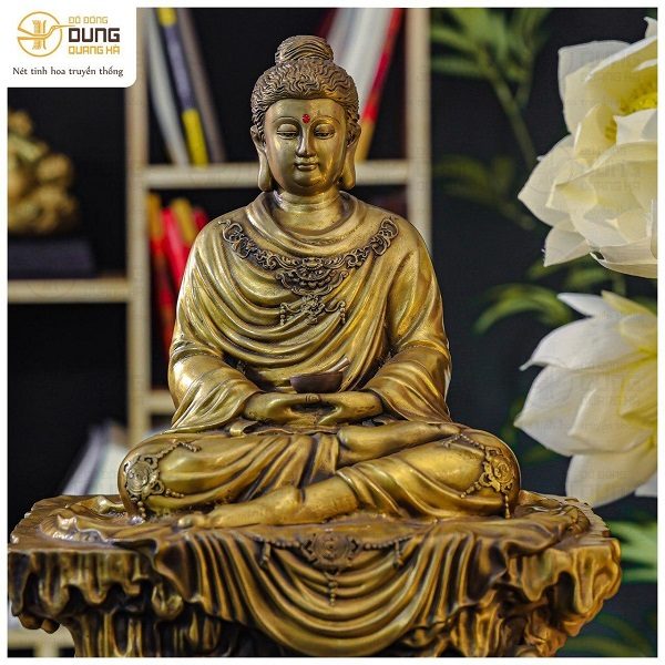 Tượng Đức Phật Thích Ca Mâu Ni ngồi bệ đá cao 40cm bằng đồng vàng