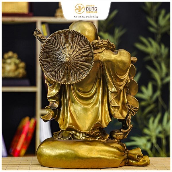 Tượng Phật Di Lặc gánh tiền bằng đồng vàng size 38x32cm nặng 7kg