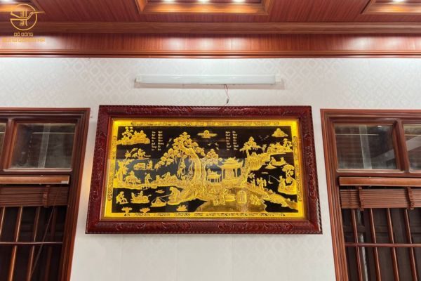 Lắp đặt tranh Đồng Quê 1m7x99 dát vàng 9999 khách Hưng Yên
