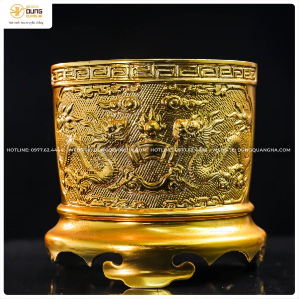 Bát hương bằng đồng mạ vàng hoạ tiết long phụng đường kính 16cm