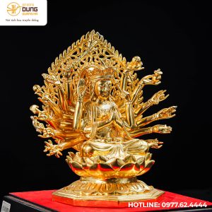 Tượng Phật Mẫu Chuẩn Đề bằng đồng vàng thếp vàng cao 26cm