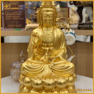 Tượng Phật bà Quan Âm ngự tòa sen đồng dát vàng 9999