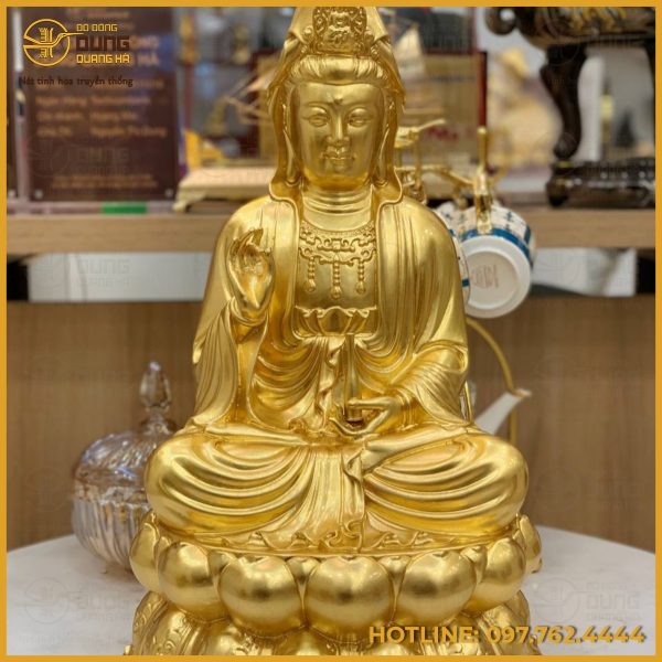Tượng Phật bà Quan Âm ngự tòa sen đồng dát vàng 9999