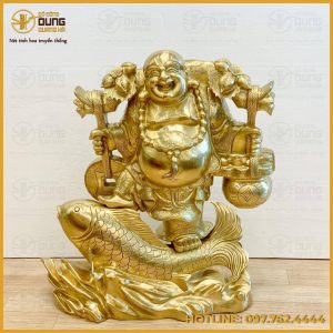 Tượng Di Lặc gánh tiền vàng tài lộc bằng đồng catut