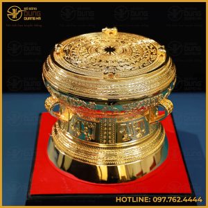Trống đồng lưu niệm mạ vàng cao cấp đường kính 25cm 