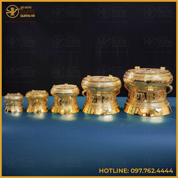 Tổng hợp mẫu trống đồng mạ vàng lưu niệm đầy đủ kích thước