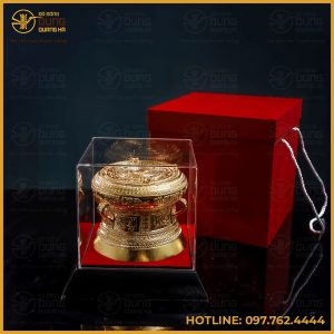 Quà tặng trống đồng vàng mộc đường kính 12cm cao 10cm