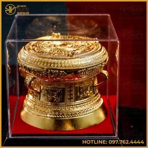 Quà tặng trống đồng vàng mộc đường kính 12cm cao 10cm