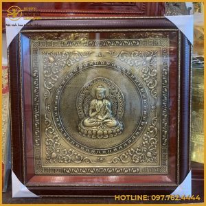 Tranh Phật bằng đồng làm màu giả cổ khung giả gỗ 75cm