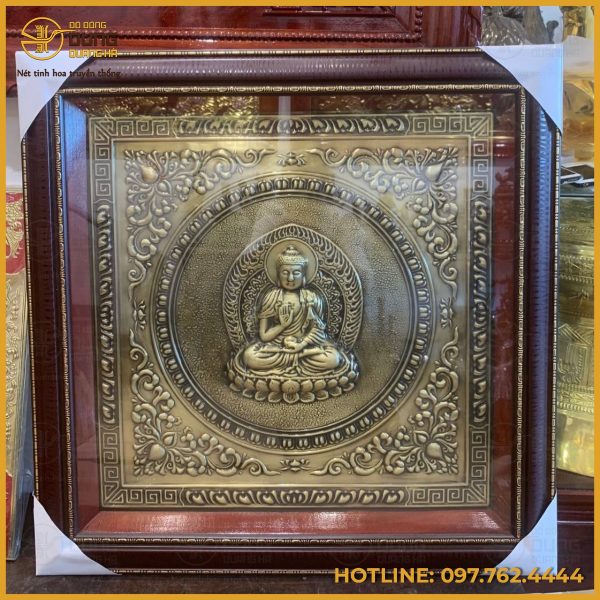 Tranh Phật bằng đồng làm màu giả cổ khung giả gỗ 75cm