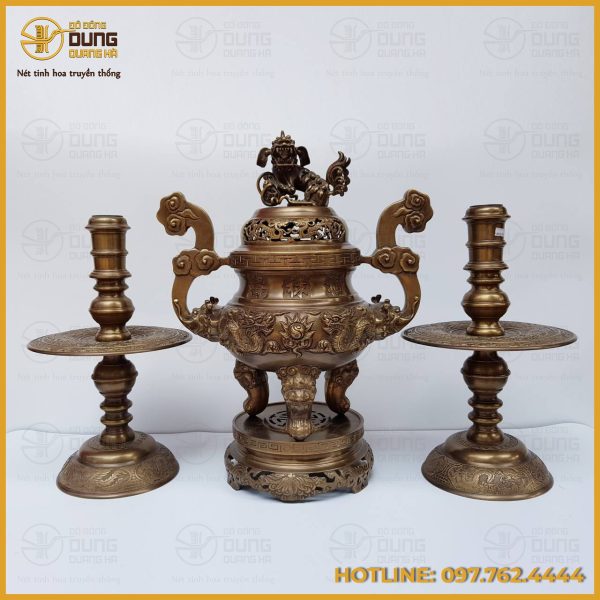Bộ tam sự nến chạm song long chầu nguyệt làm màu cổ kính